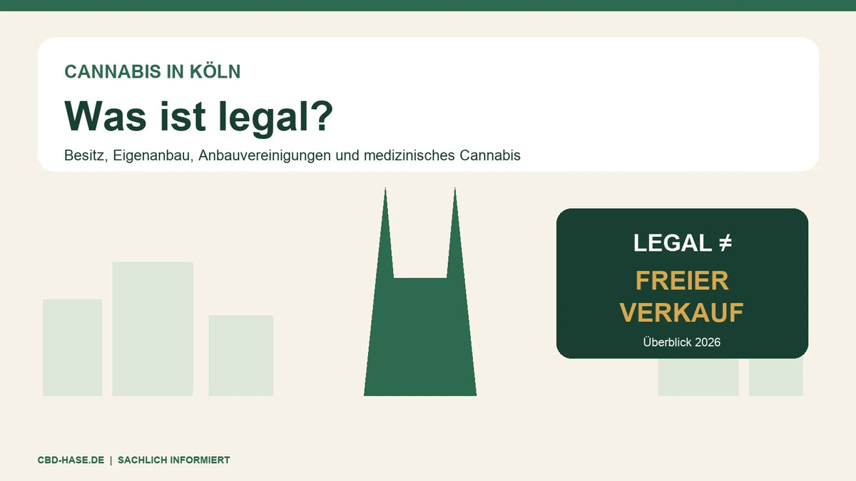 Cannabis in Köln: Überblick zur Rechtslage mit Kölner Dom und Hinweis, dass legal nicht freier Verkauf bedeutet