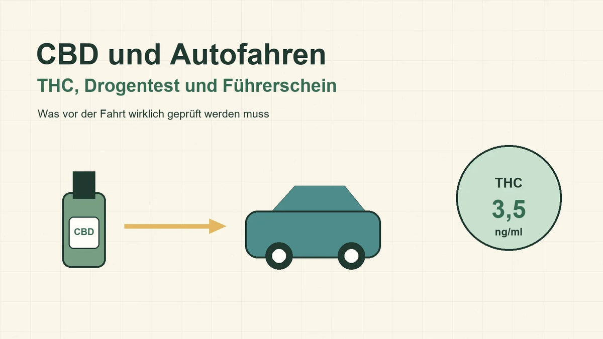 Titelgrafik zu CBD und Autofahren mit CBD-Flasche, Auto und THC-Grenzwert