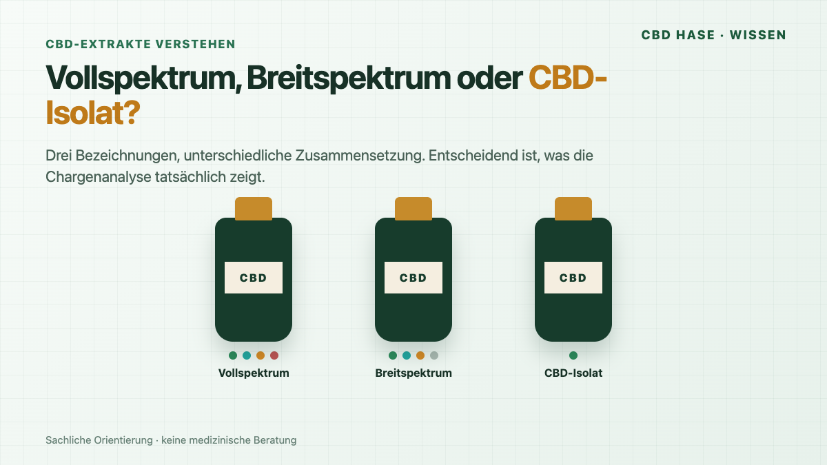 Titelbild: drei CBD-Flaschen stehen für Vollspektrum, Breitspektrum und CBD-Isolat